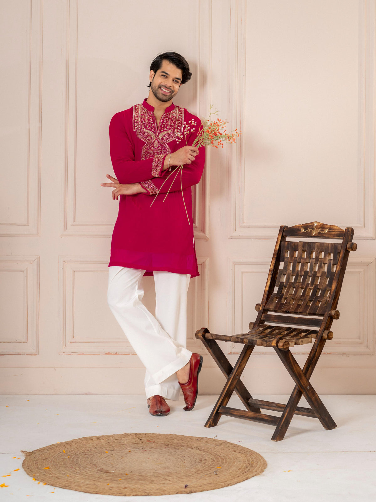 Red Premium Crush Beads Work Mens Kurta | Tulip Designer
