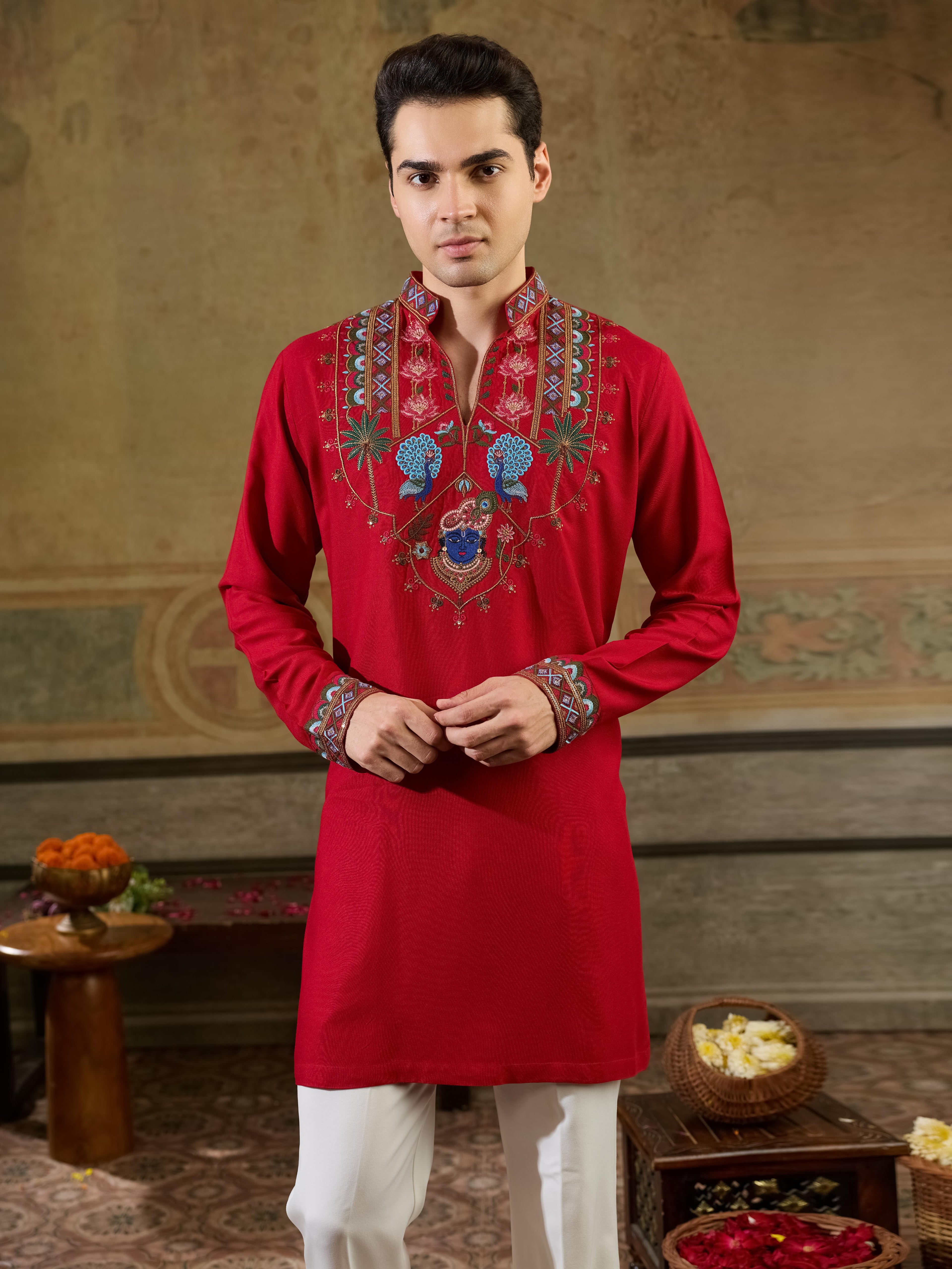Magic Red Rayon Embroidered Kurta Set For Ethnic Wear
