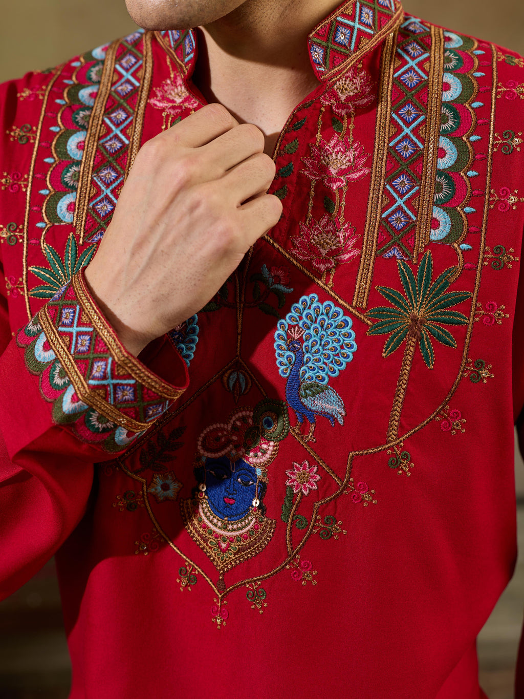 Magic Red Rayon Embroidered Kurta Set For Ethnic Wear
