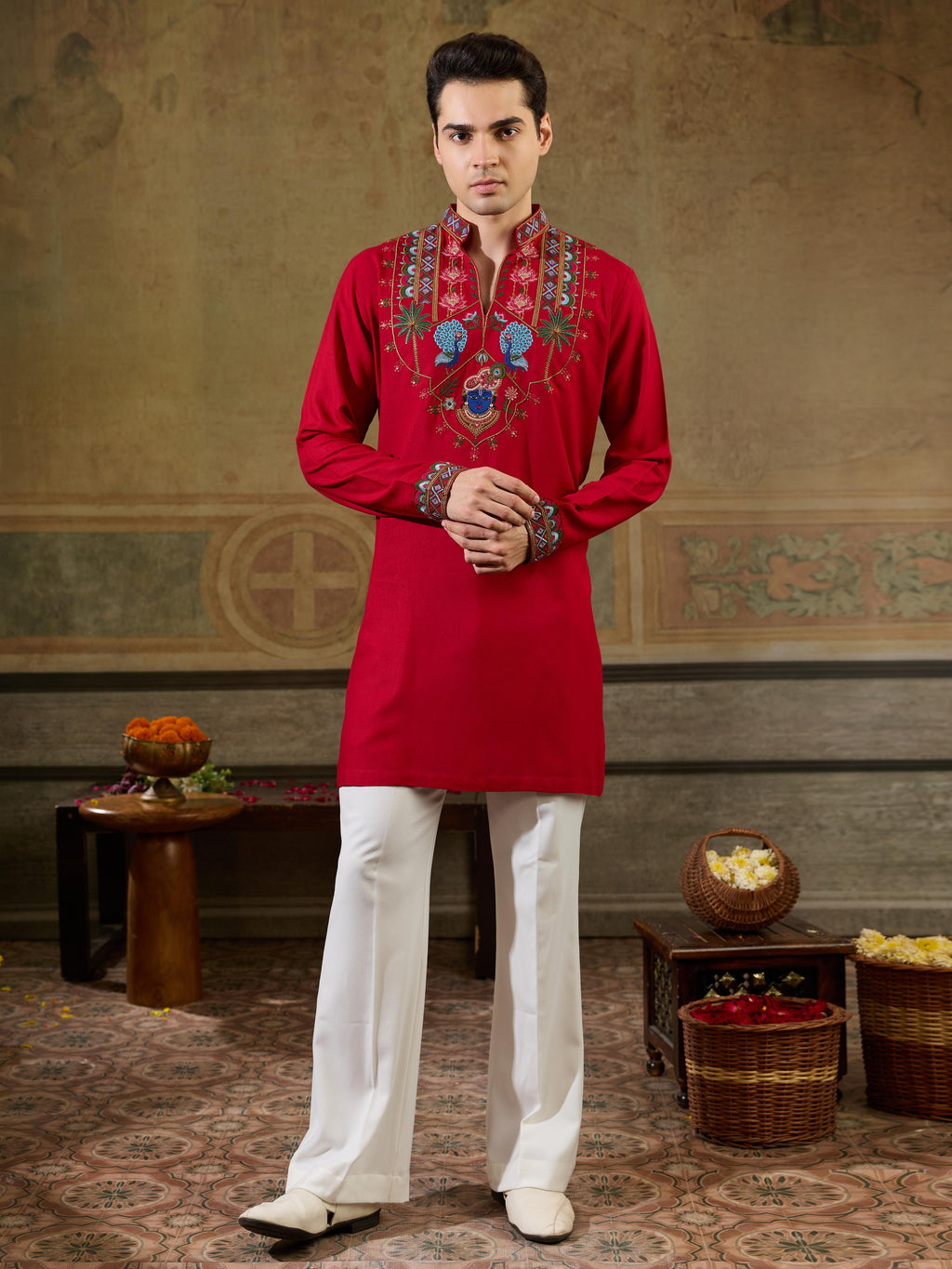 Magic Red Rayon Embroidered Kurta Set For Ethnic Wear
