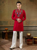 Magic Red Rayon Embroidered Kurta Set For Ethnic Wear
