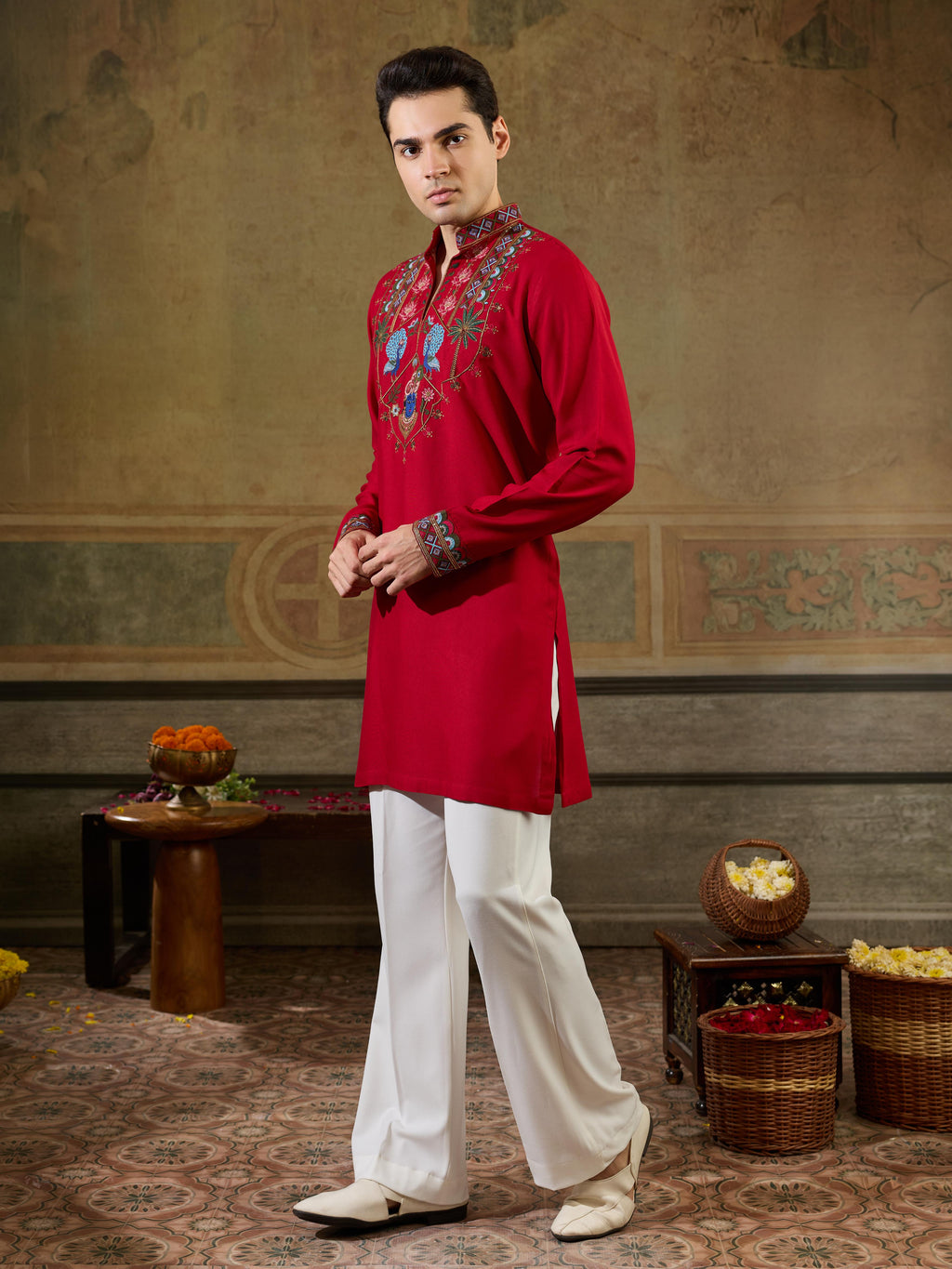 Magic Red Rayon Embroidered Kurta Set For Ethnic Wear

