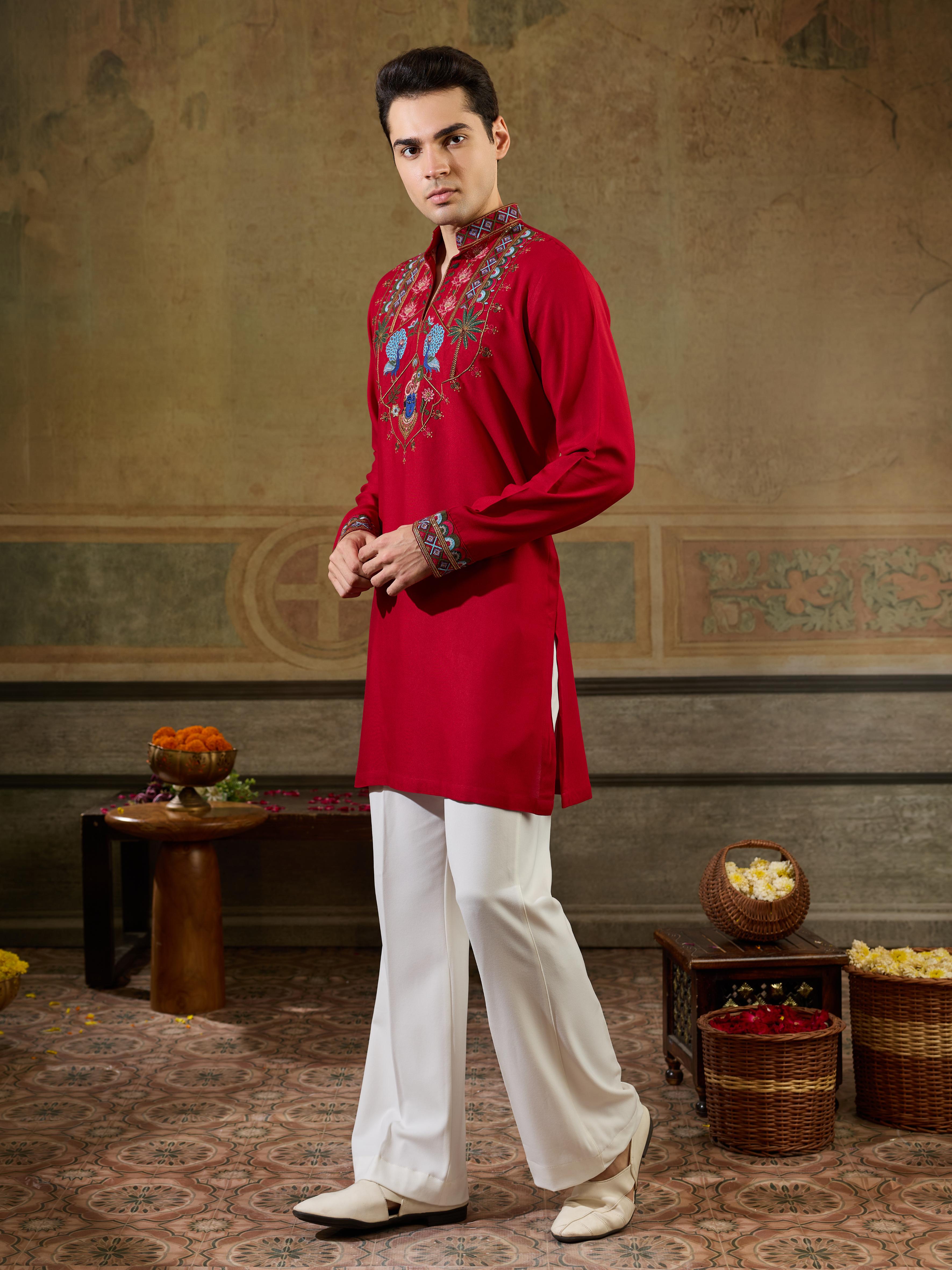 Magic Red Rayon Embroidered Kurta Set For Ethnic Wear

