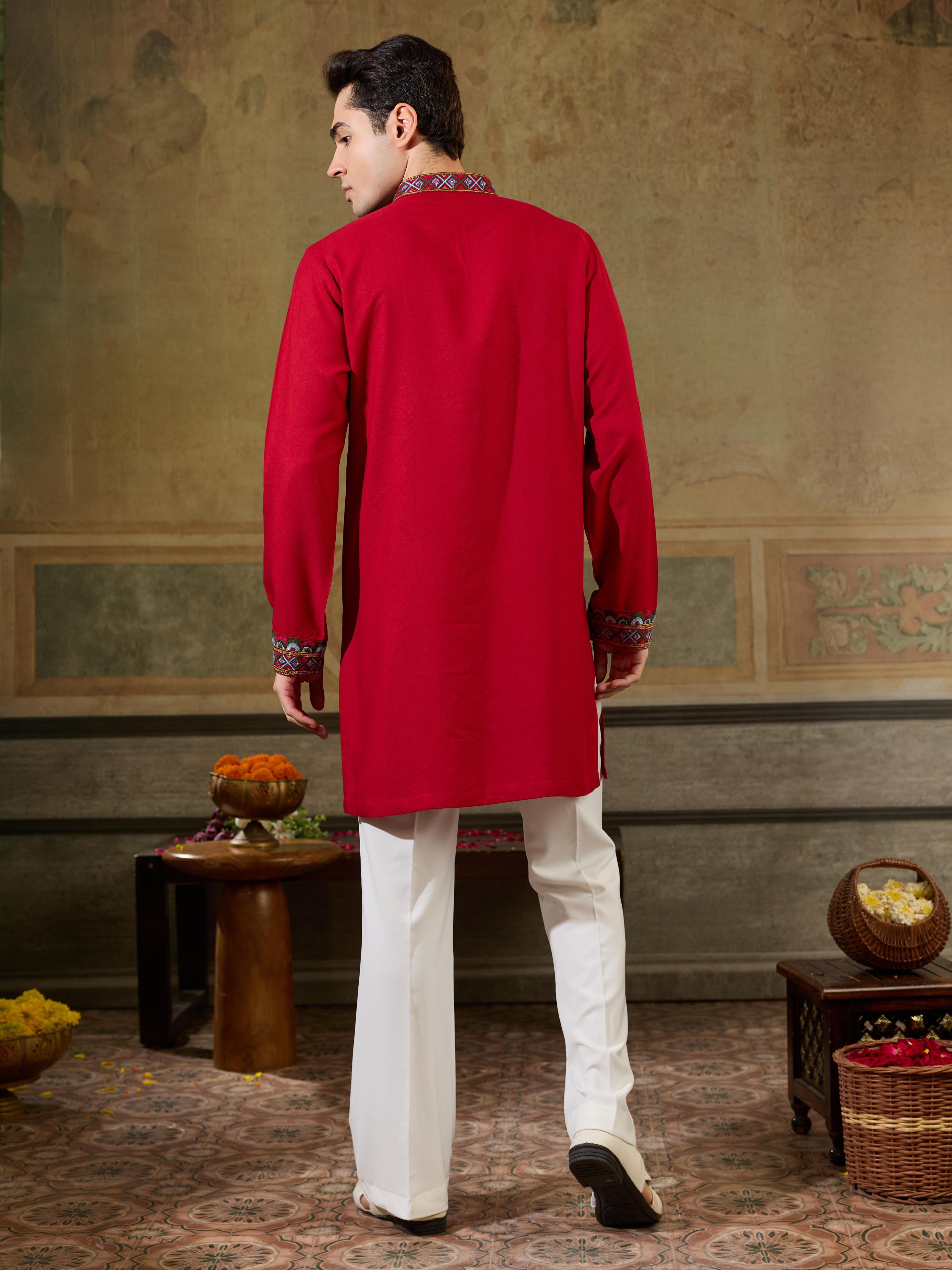Magic Red Rayon Embroidered Kurta Set For Ethnic Wear
