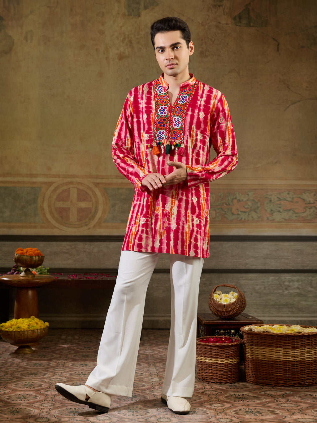 Red Rayon Embroidery Mirror Work Kurta Set | Tulip Designer

