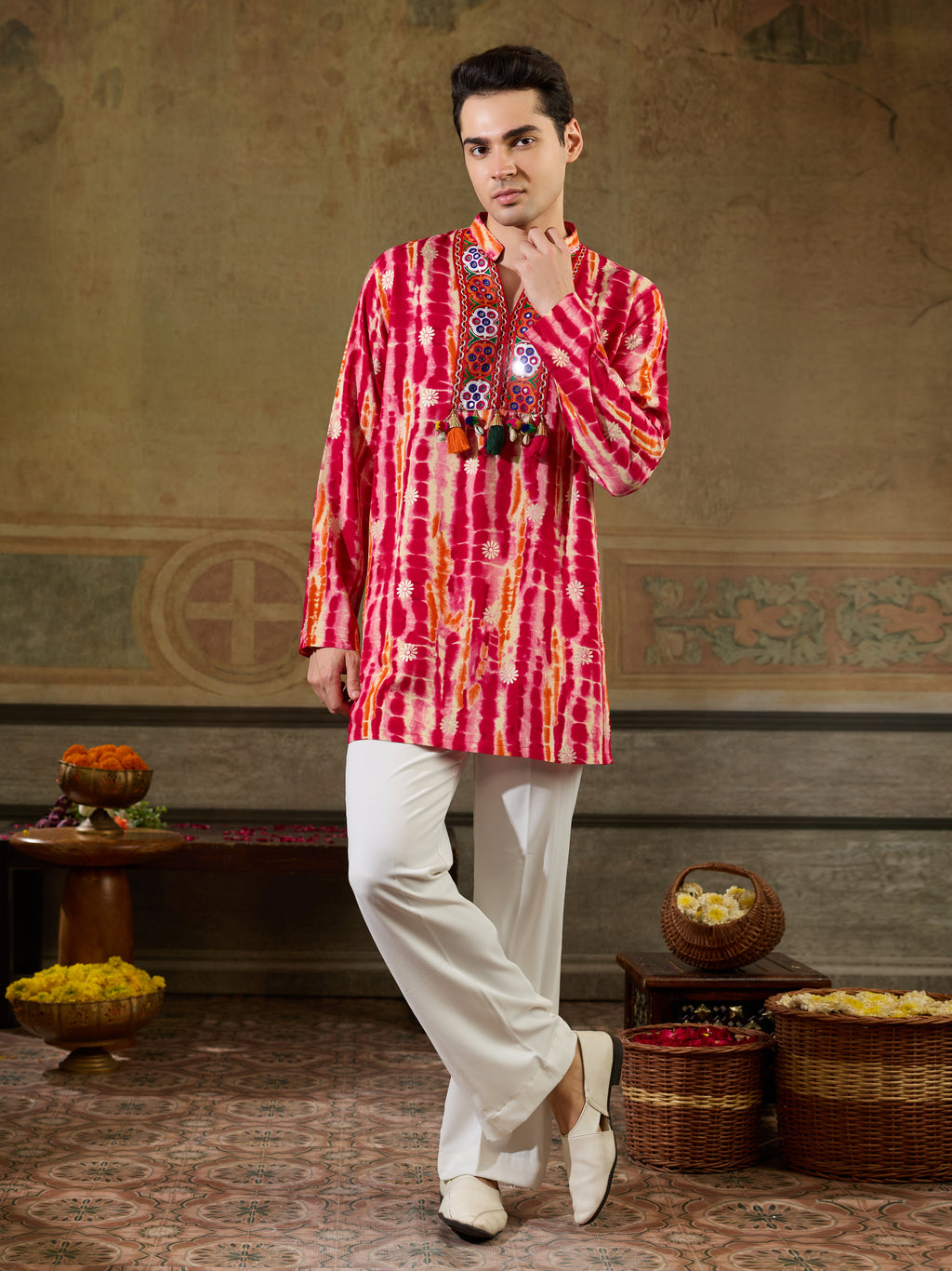 Red Rayon Embroidery Mirror Work Kurta Set | Tulip Designer
