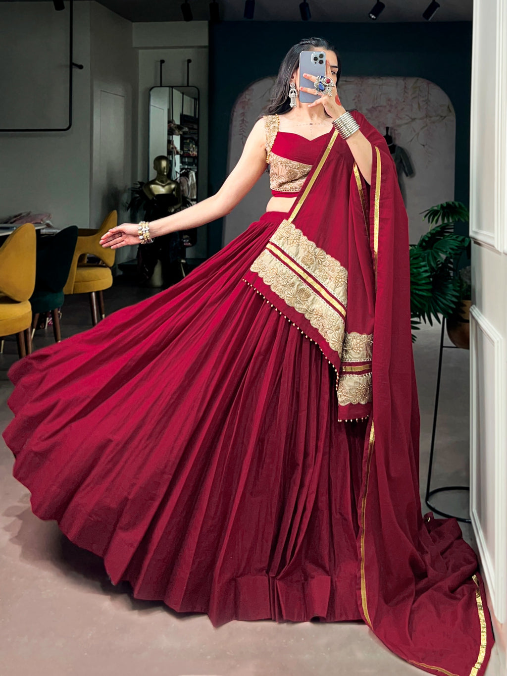 Red Rayon Ghughari Lace Lehenga Set | Tulip Designer
