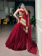 Red Rayon Ghughari Lace Lehenga Set | Tulip Designer
