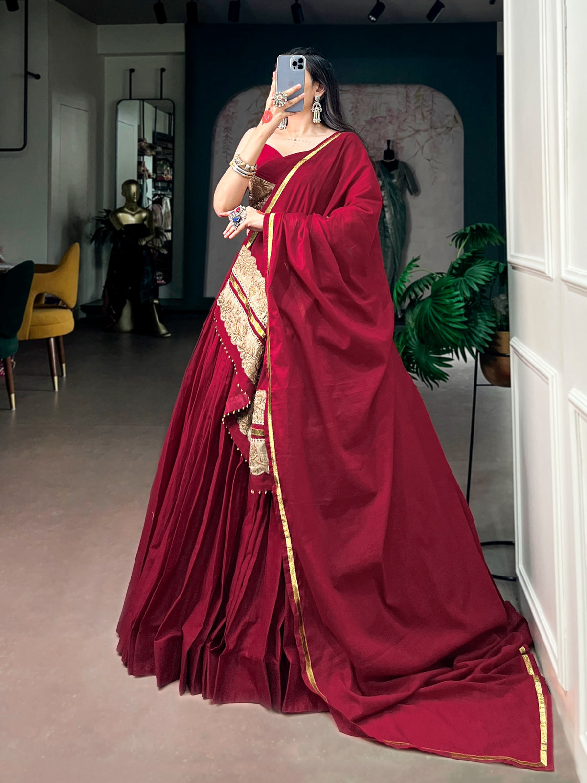 Red Rayon Ghughari Lace Lehenga Set | Tulip Designer
