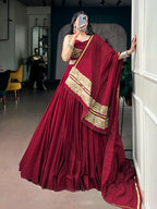 Red Rayon Ghughari Lace Lehenga Set | Tulip Designer
