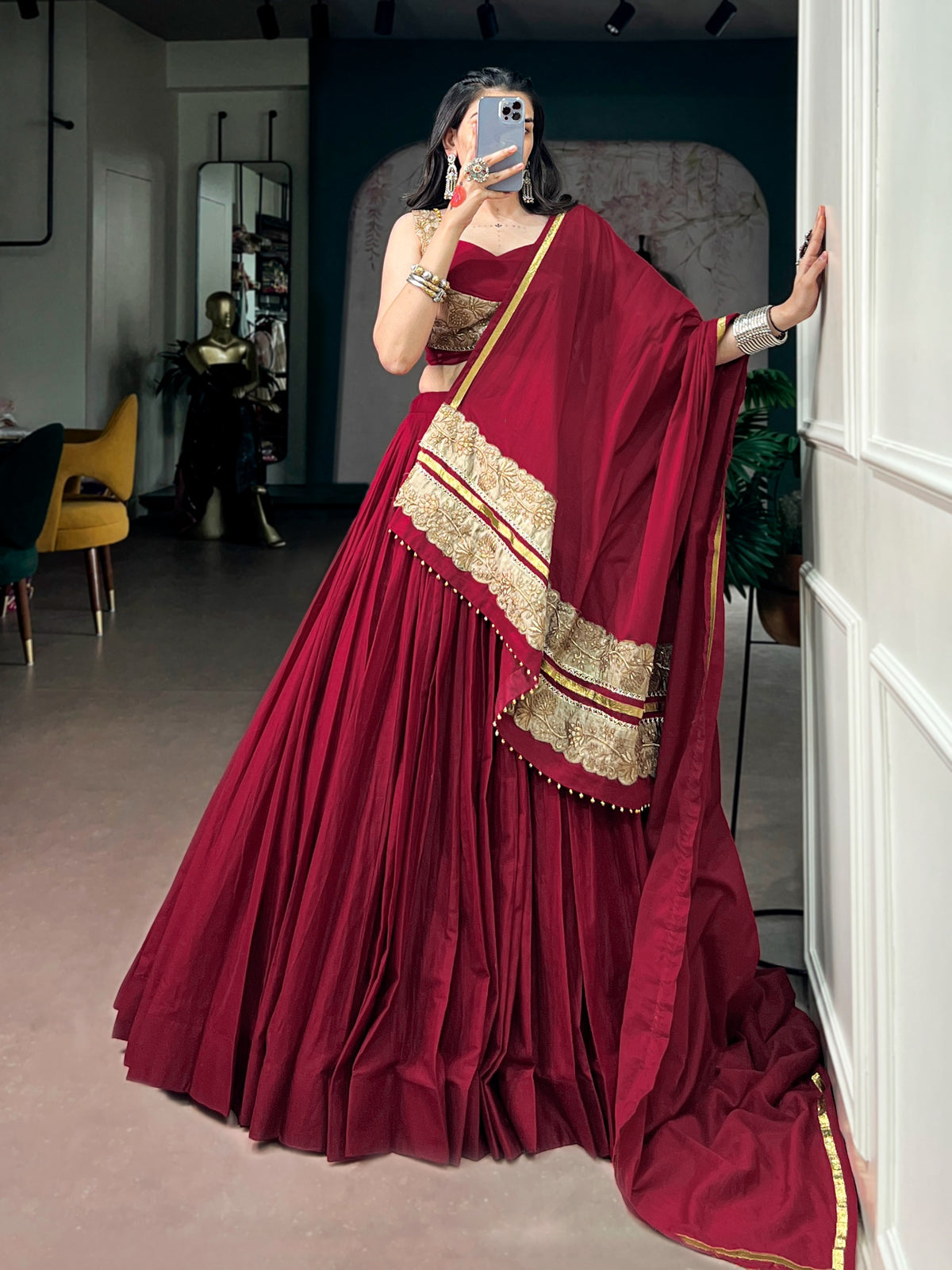 Red Rayon Ghughari Lace Lehenga Set | Tulip Designer
