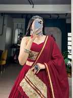 Red Rayon Ghughari Lace Lehenga Set | Tulip Designer
