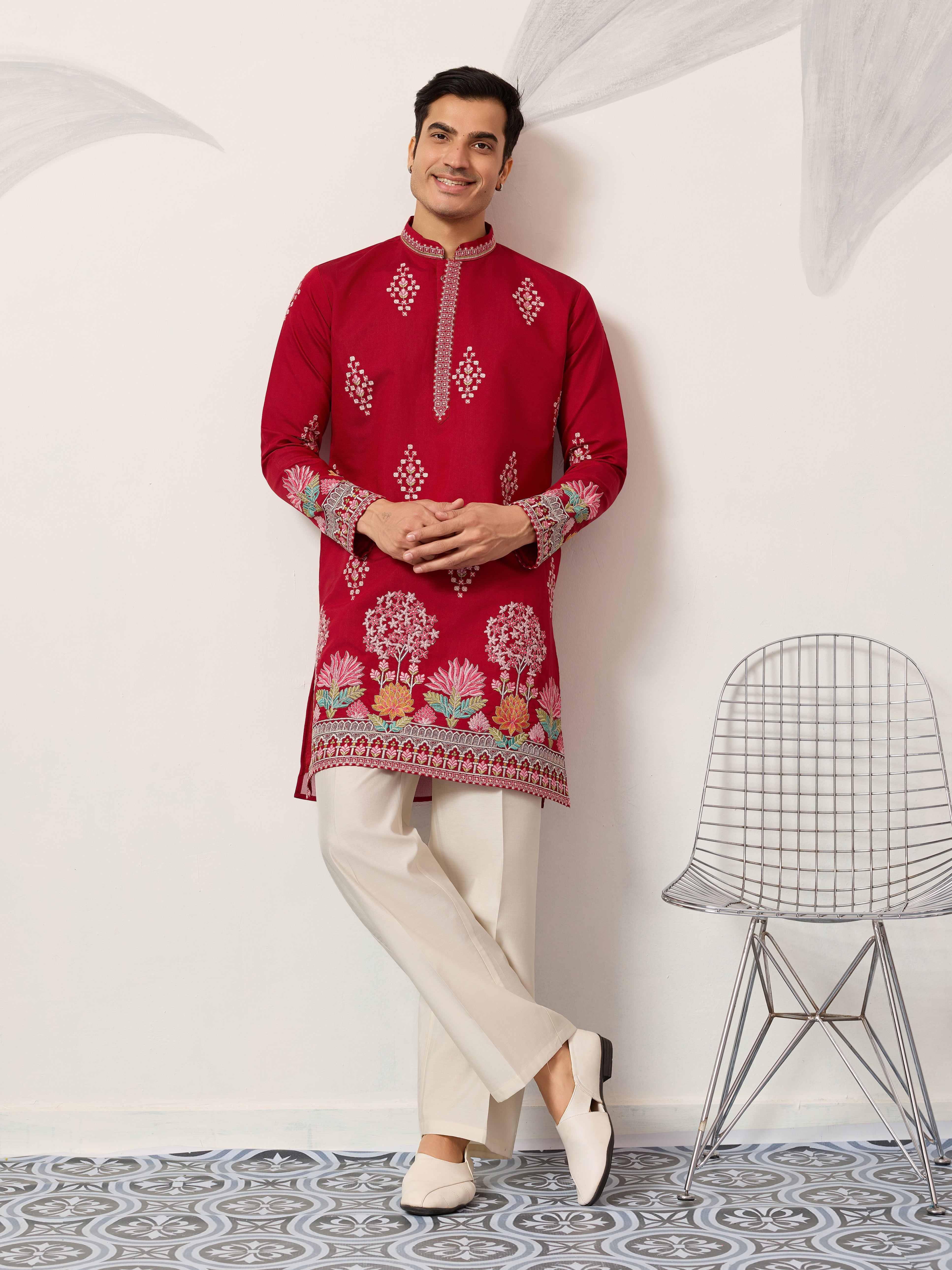 Unique Style Red Color Embroidered Kurta for Mens Wear