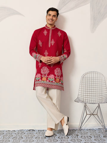 Unique Style Red Color Embroidered Kurta for Mens Wear