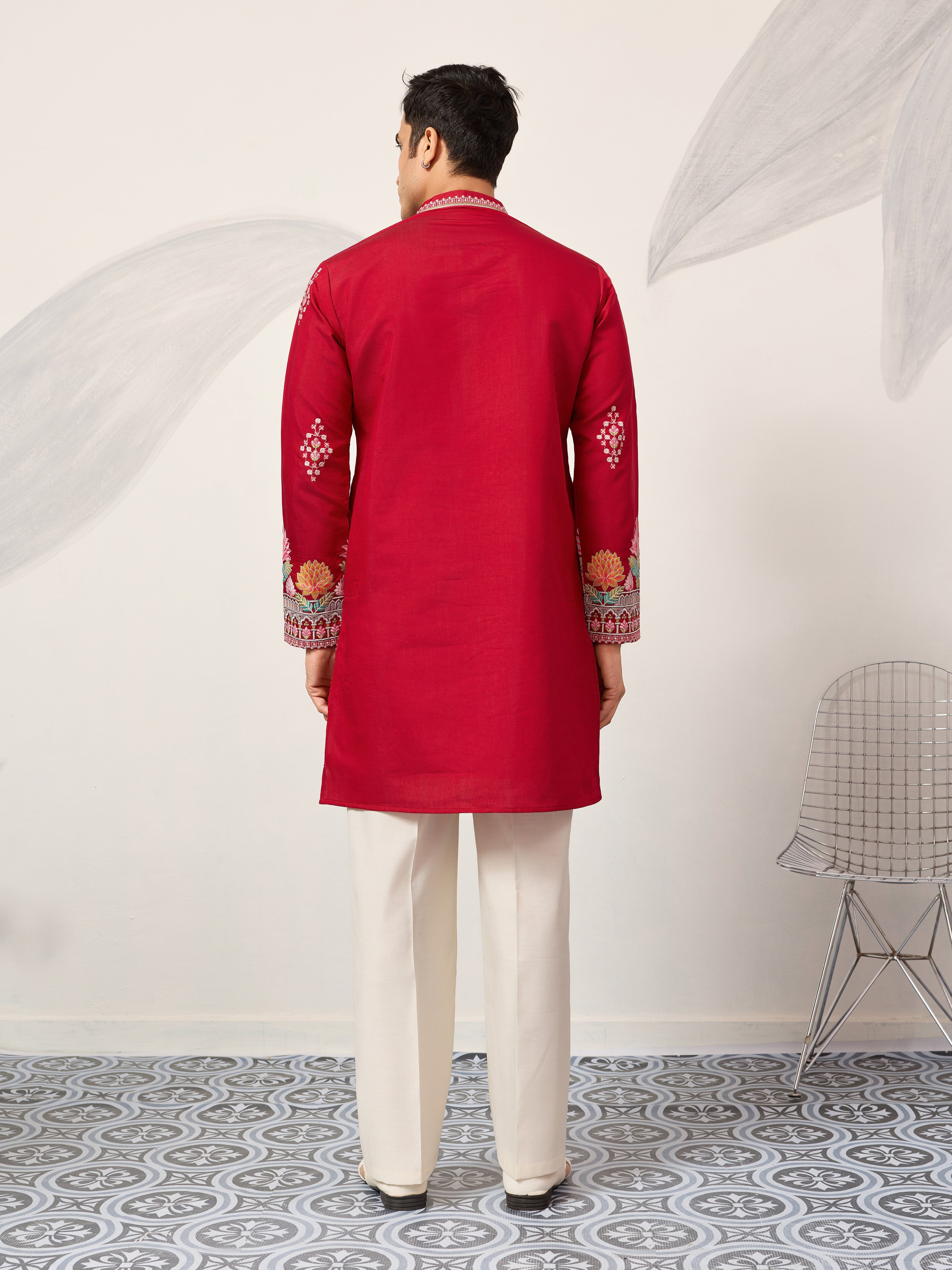 Unique Style Red Color Embroidered Kurta for Mens Wear