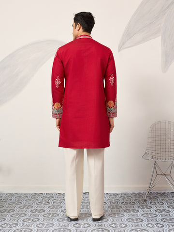 Unique Style Red Color Embroidered Kurta for Mens Wear