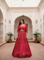 Traditional Red Tasar Silk Floral Print & Gota Patti Lehenga Choli Set
