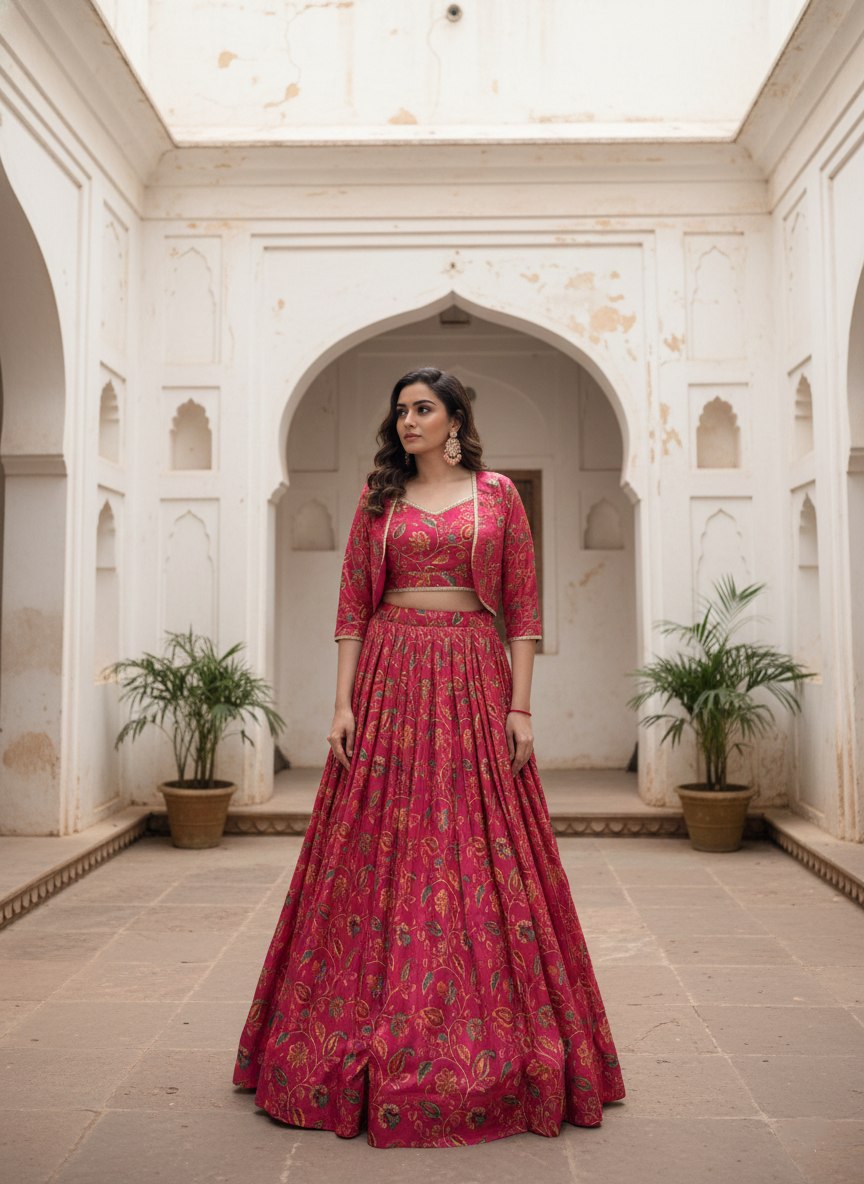 Traditional Red Tasar Silk Floral Print & Gota Patti Lehenga Choli Set

