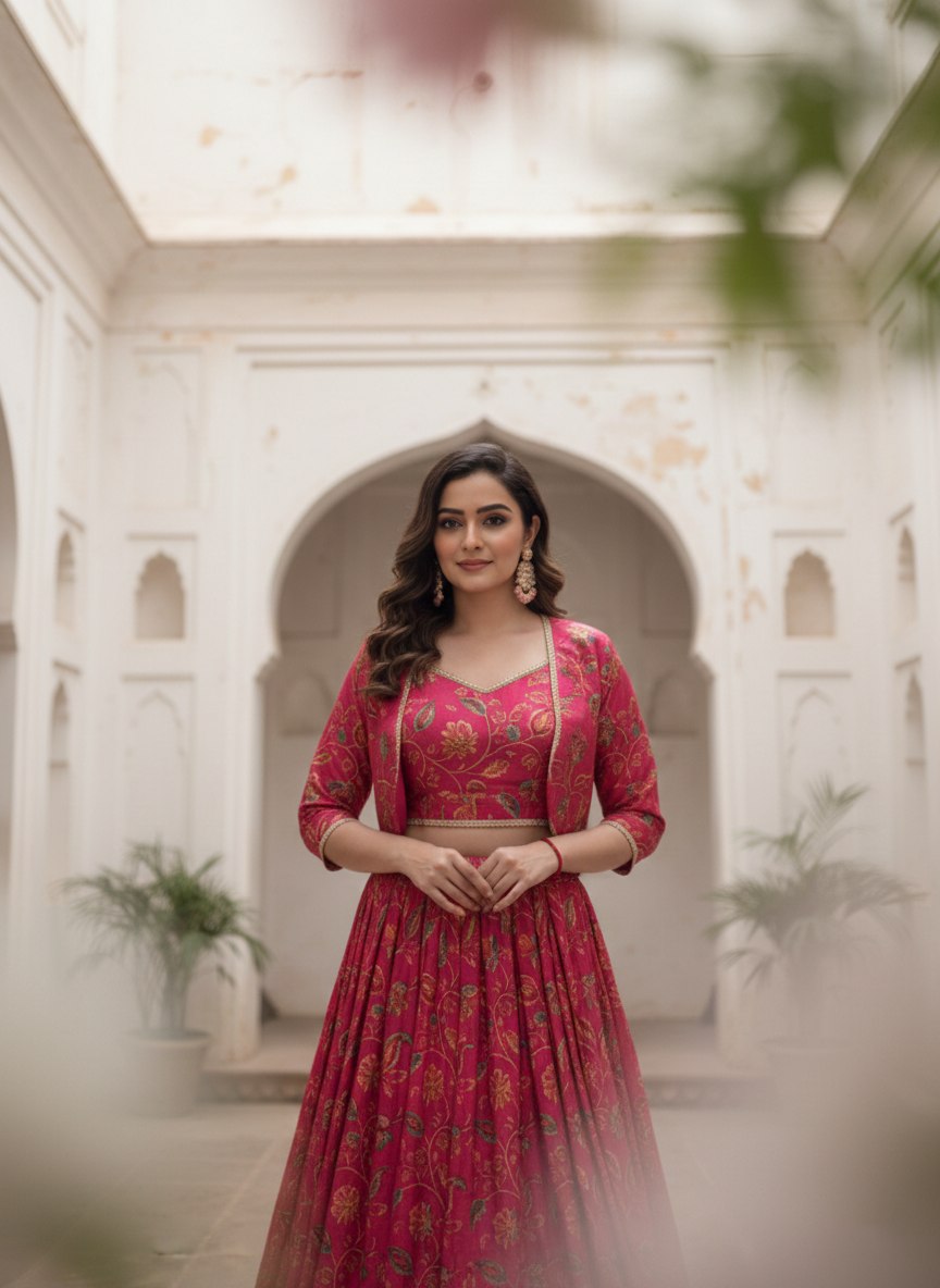 Traditional Red Tasar Silk Floral Print & Gota Patti Lehenga Choli Set
