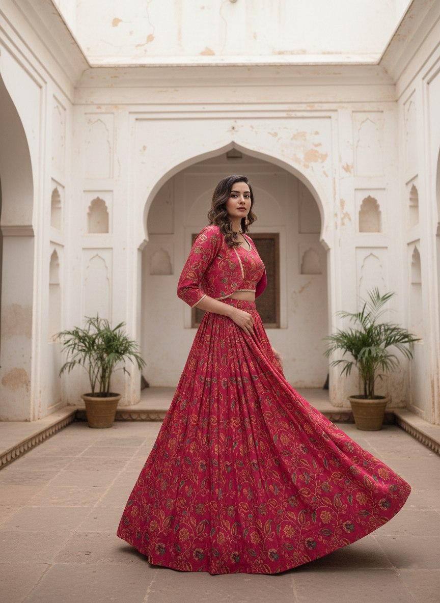 Traditional Red Tasar Silk Floral Print & Gota Patti Lehenga Choli Set
