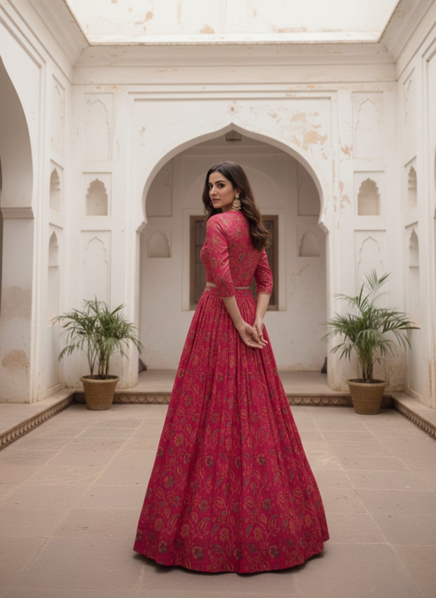 Traditional Red Tasar Silk Floral Print & Gota Patti Lehenga Choli Set
