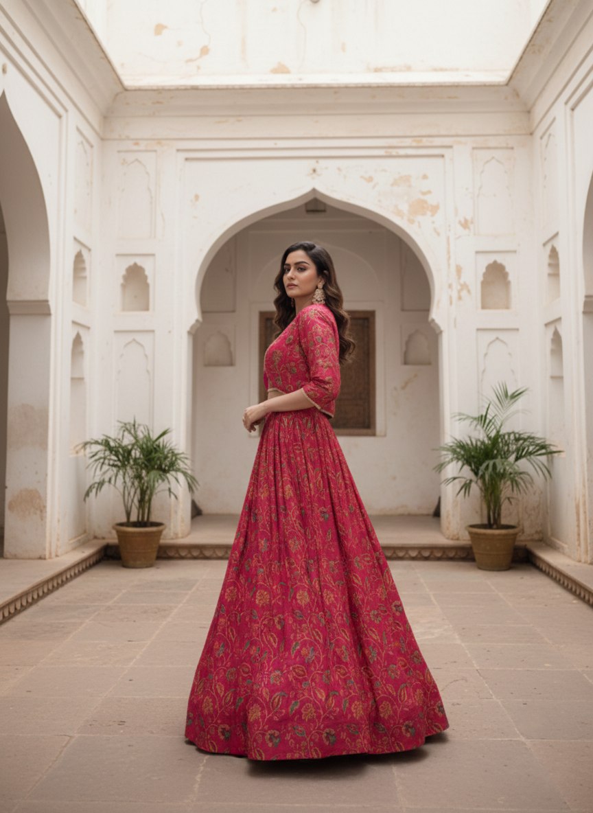 Traditional Red Tasar Silk Floral Print & Gota Patti Lehenga Choli Set
