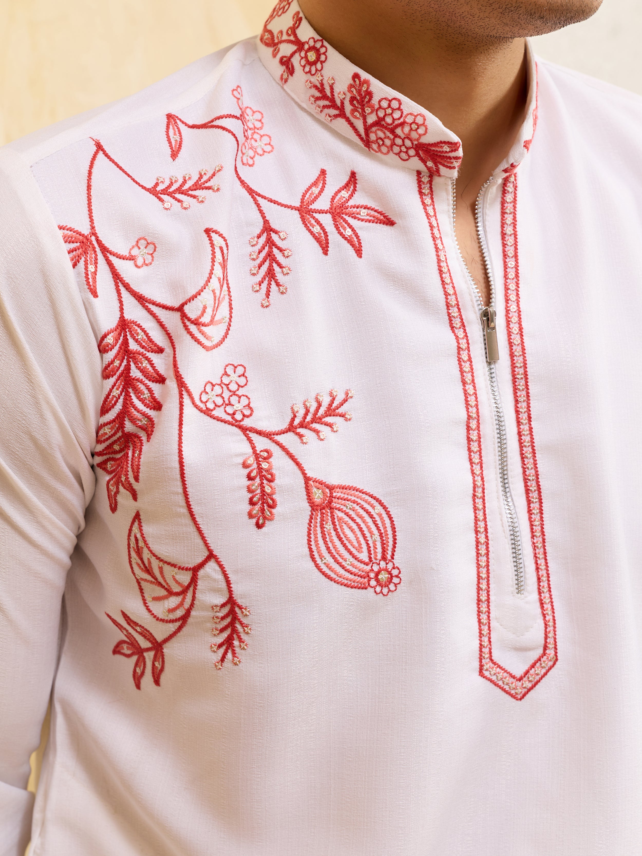 Luxury White Khadi Silk Kurta with Red Thread Work