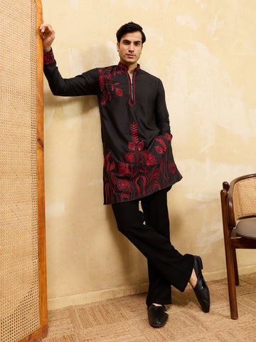 Premium Khadi Silk Thread Work Red Kurta with Pant
