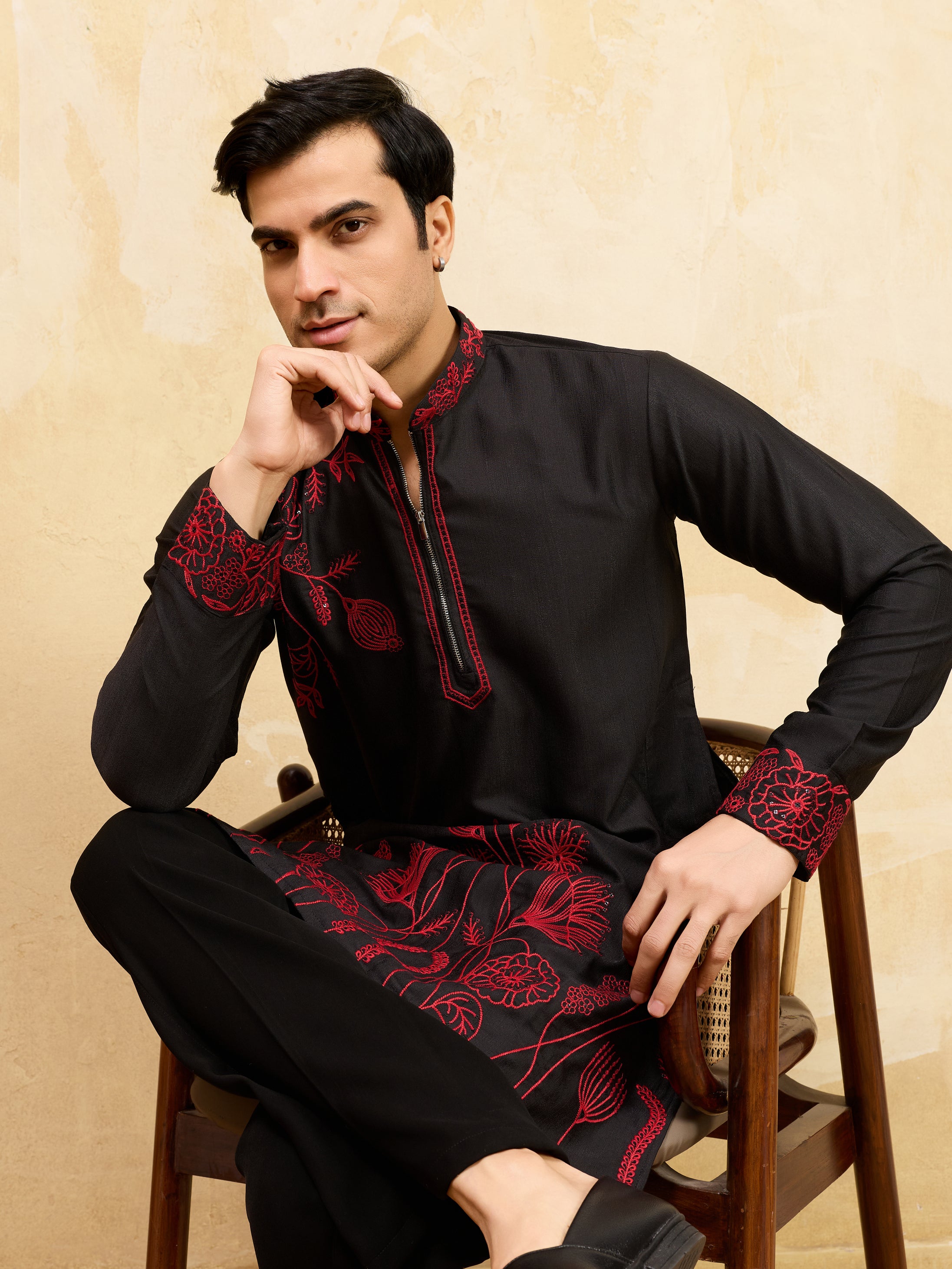Premium Khadi Silk Thread Work Red Kurta with Pant
