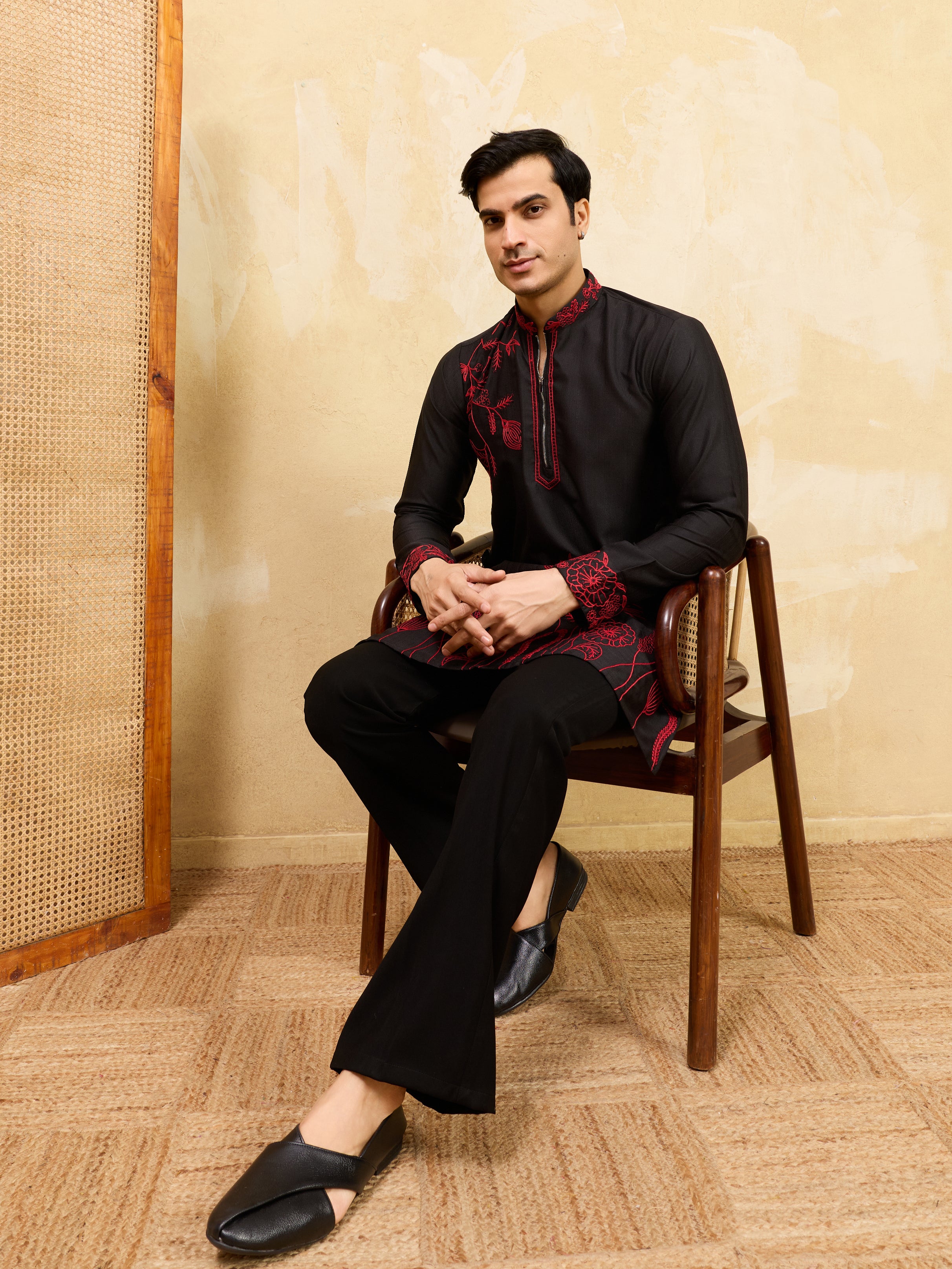 Premium Khadi Silk Thread Work Red Kurta with Pant
