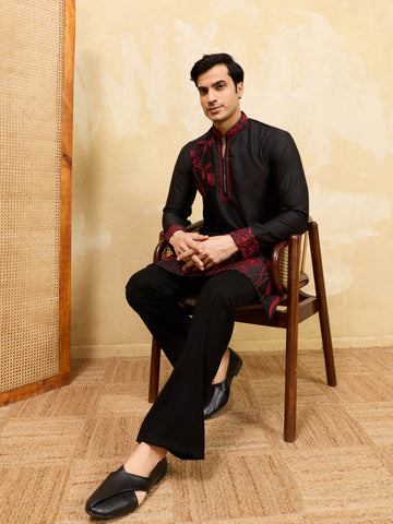 Premium Khadi Silk Thread Work Red Kurta with Pant
