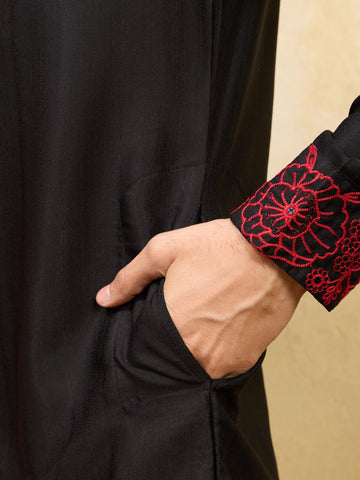 Premium Khadi Silk Thread Work Red Kurta with Pant
