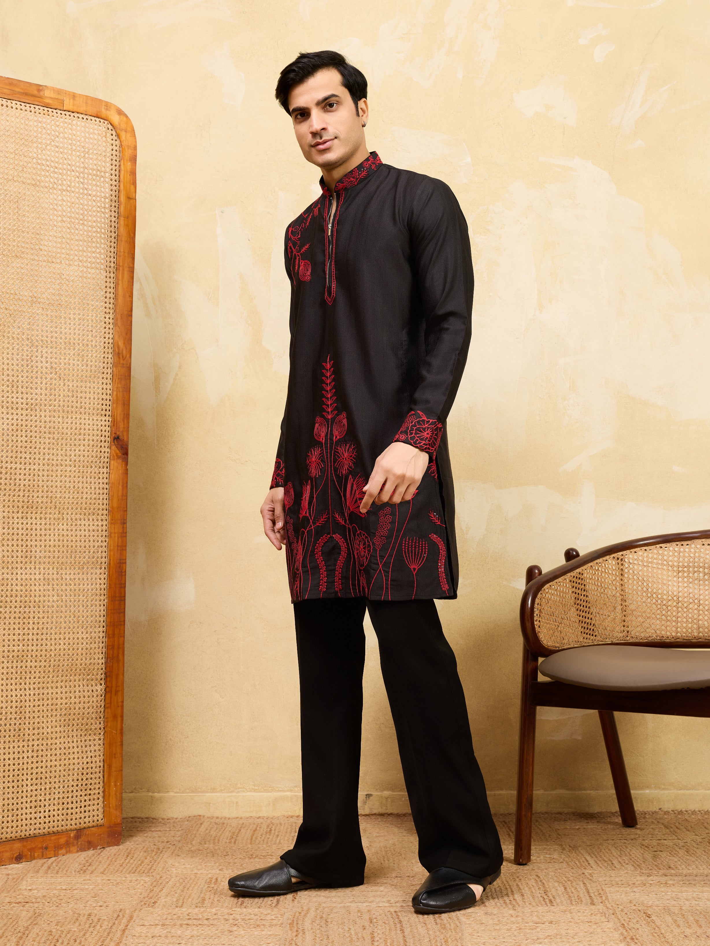 Premium Khadi Silk Thread Work Red Kurta with Pant
