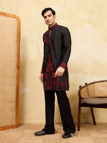 Premium Khadi Silk Thread Work Red Kurta with Pant
