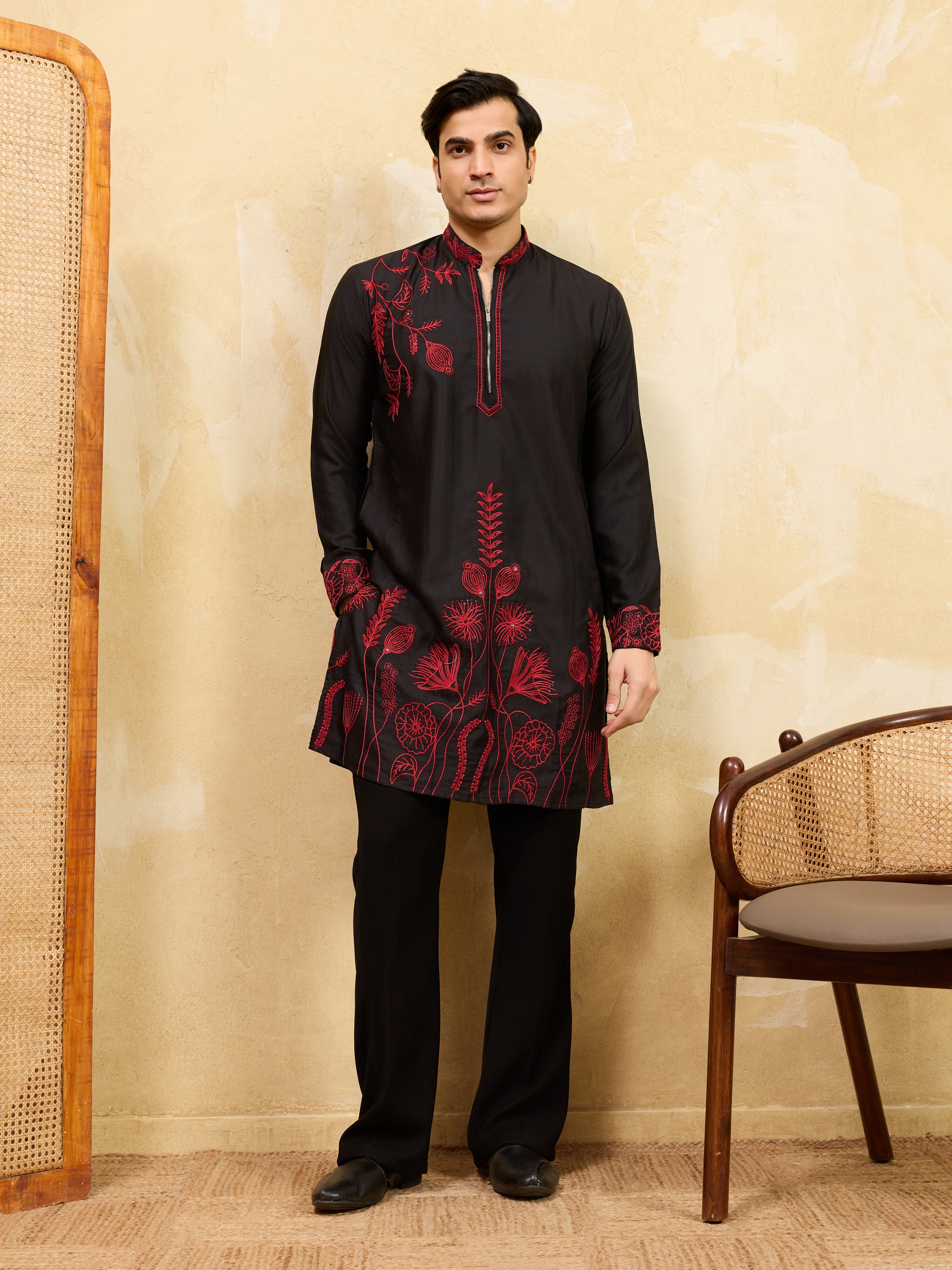 Premium Khadi Silk Thread Work Red Kurta with Pant
