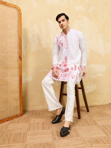 Luxury White Khadi Silk Kurta with Red Thread Work