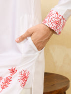Luxury White Khadi Silk Kurta with Red Thread Work
