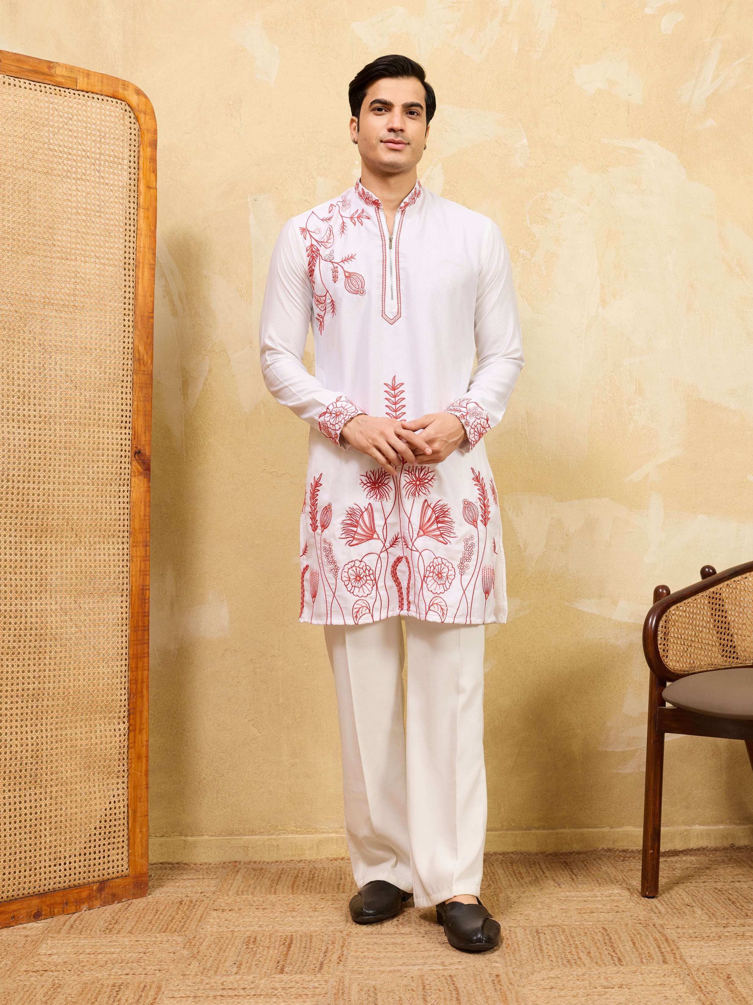 Luxury White Khadi Silk Kurta with Red Thread Work
