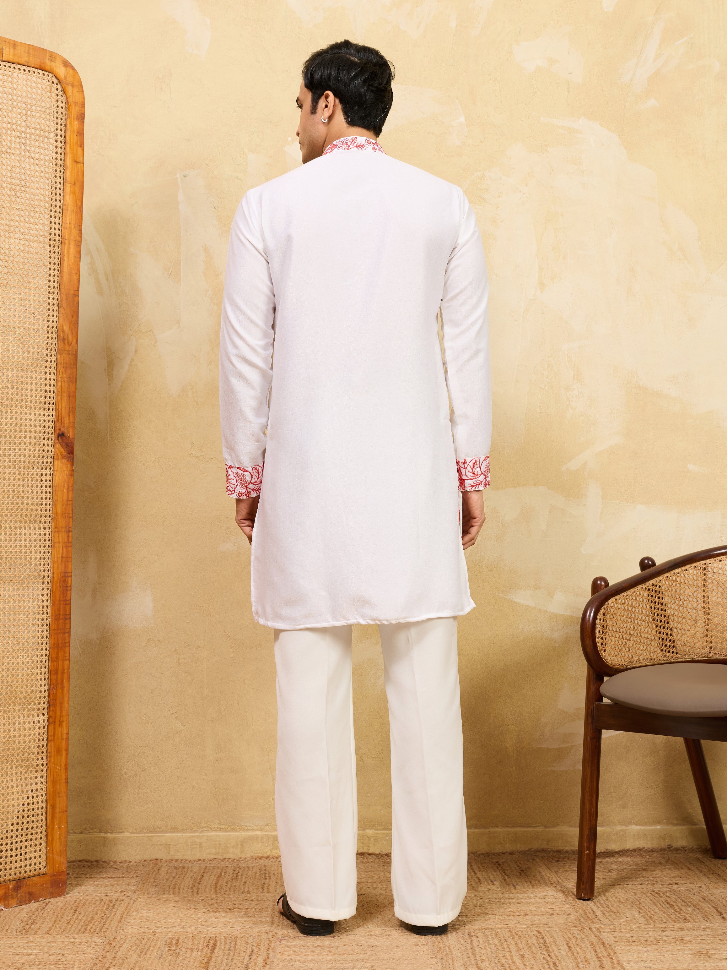 Luxury White Khadi Silk Kurta with Red Thread Work
