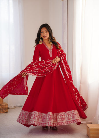 Royal Red Full Flare Vichitra Silk Anarkali Gown with Fancy Dupatta

