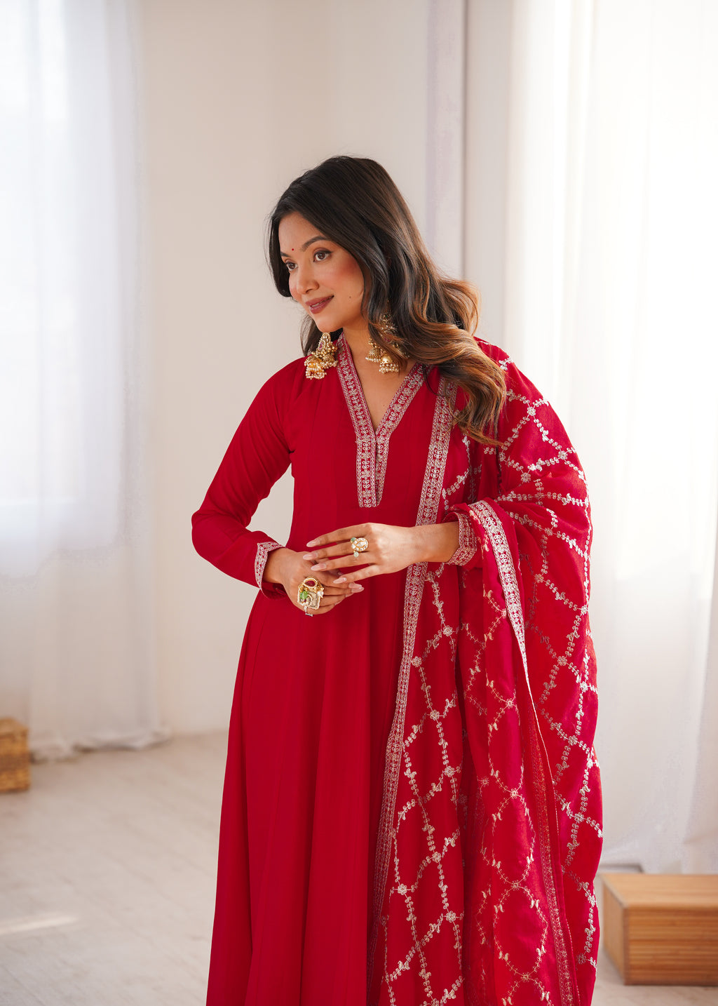 Royal Red Full Flare Vichitra Silk Anarkali Gown with Fancy Dupatta
