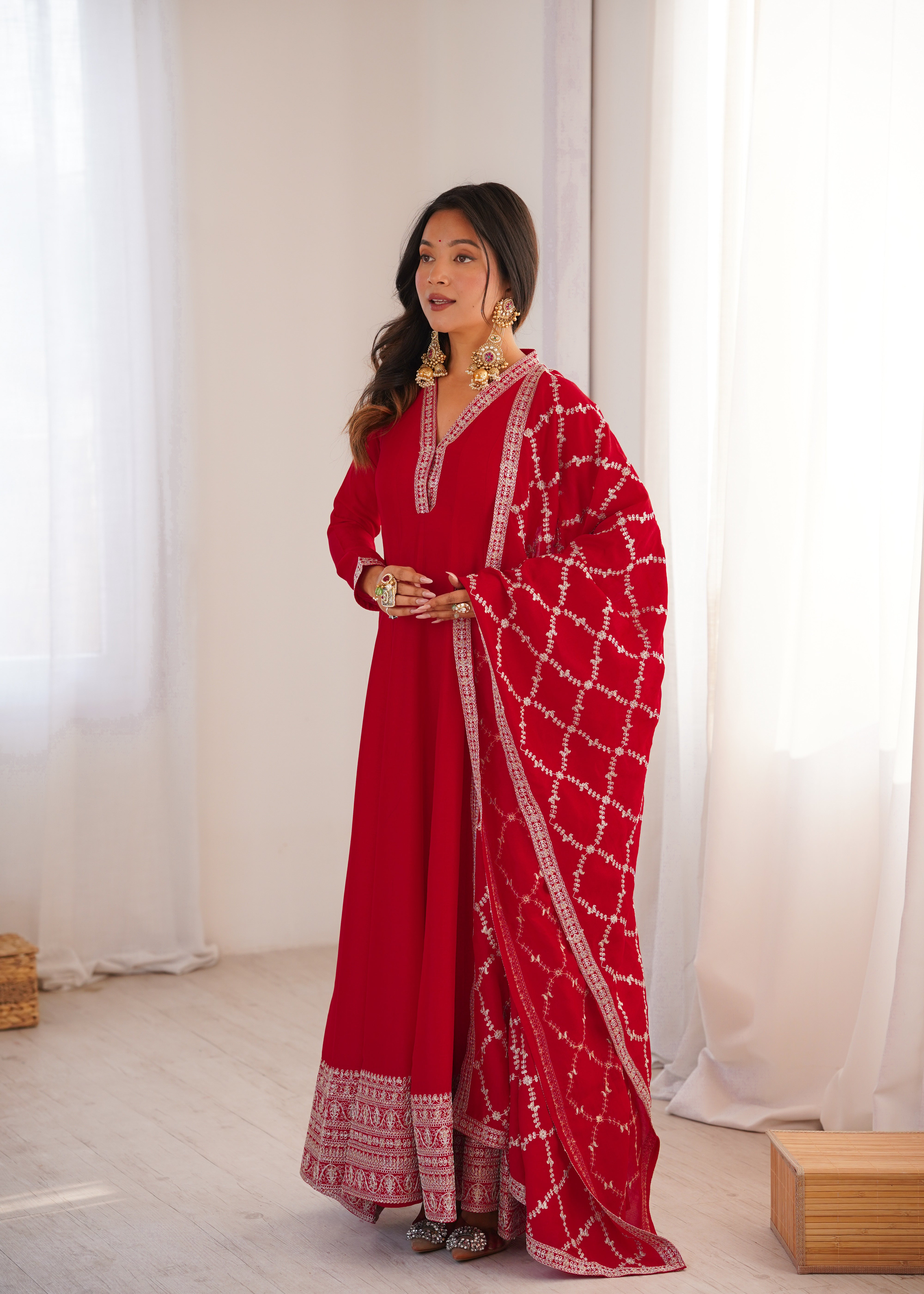 Royal Red Full Flare Vichitra Silk Anarkali Gown with Fancy Dupatta
