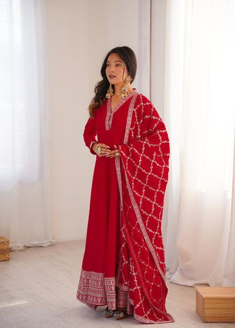 Royal Red Full Flare Vichitra Silk Anarkali Gown with Fancy Dupatta
