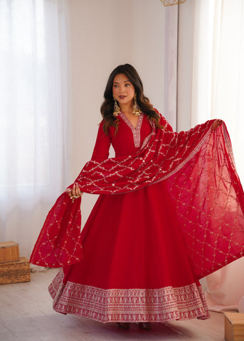 Royal Red Full Flare Vichitra Silk Anarkali Gown with Fancy Dupatta