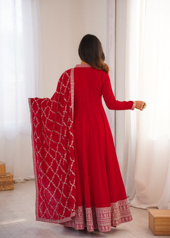 Royal Red Full Flare Vichitra Silk Anarkali Gown with Fancy Dupatta