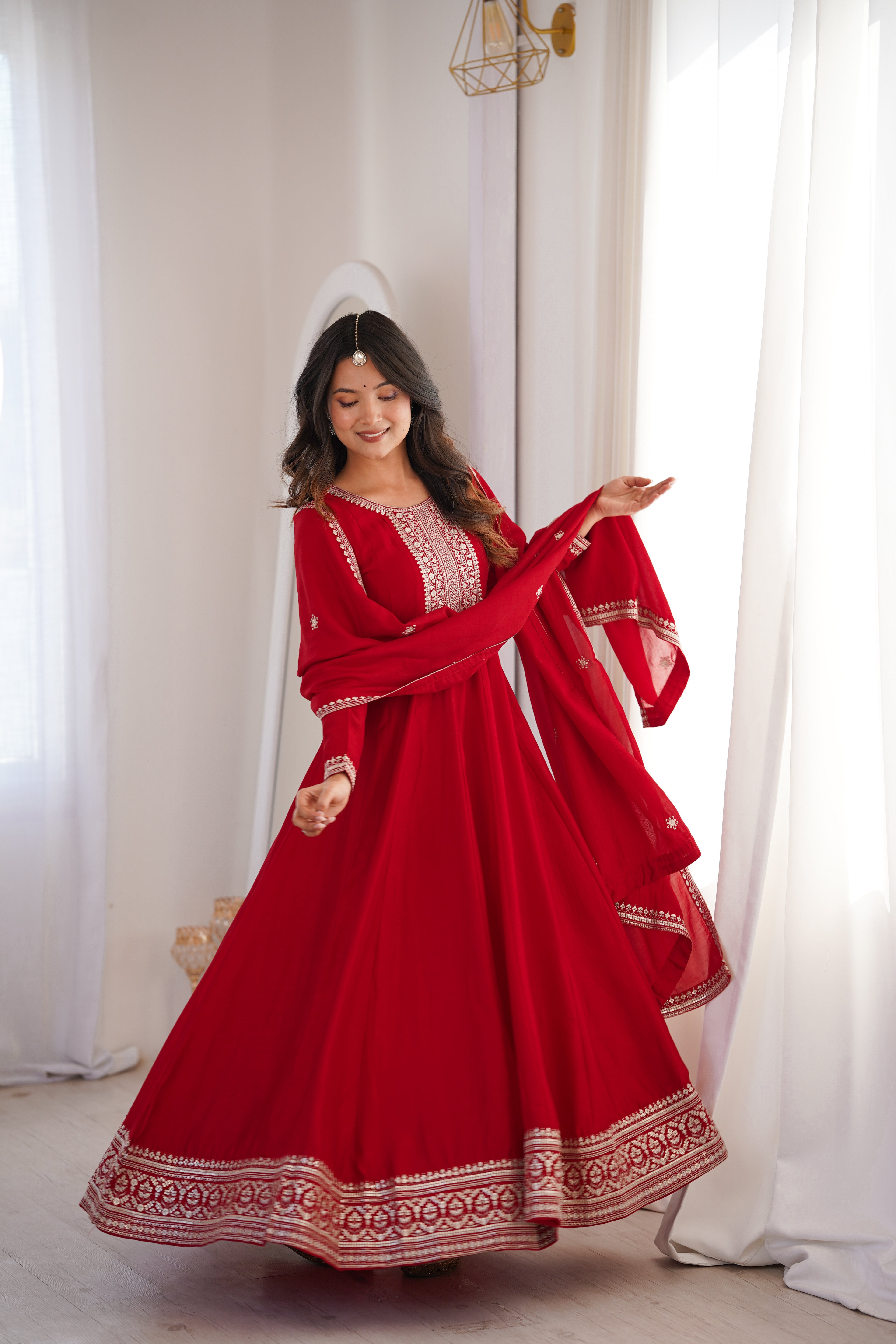 Red Pure Vichitra Silk Flared Anarkali Gown Set With Dupatta TULIP DESIGNER Red Pure Vichitra Silk Flared Anarkali Gown Set With Dupatta TULIP DESIGNER