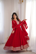 Red Pure Vichitra Silk Flared Anarkali Gown Set With Dupatta