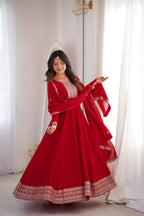 Red Pure Vichitra Silk Flared Anarkali Gown Set With Dupatta