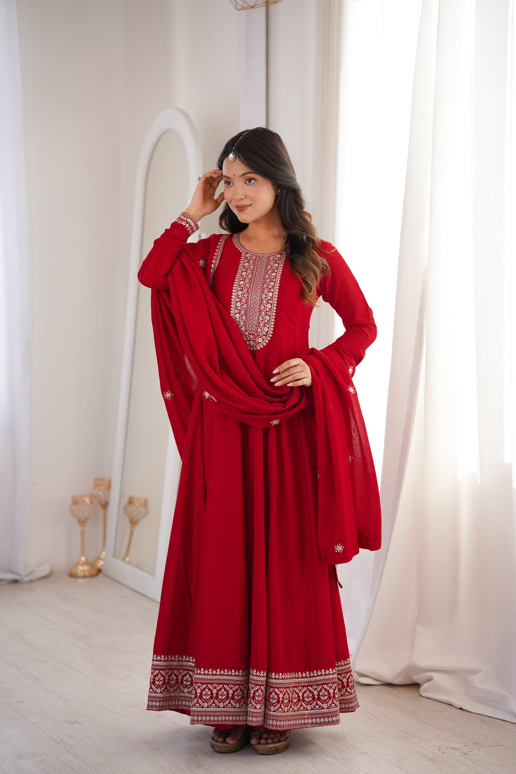 Red Pure Vichitra Silk Flared Anarkali Gown Set With Dupatta
