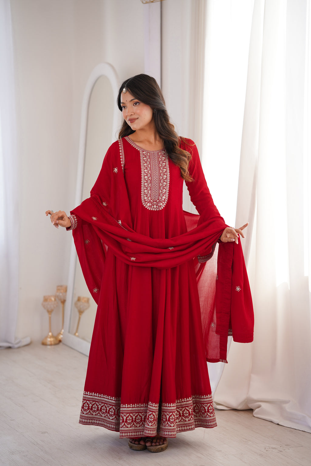 Red Pure Vichitra Silk Flared Anarkali Gown Set With Dupatta
